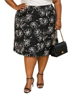 George Plus Size 22W Skirt Black White Floral Elastic Waist Stretch